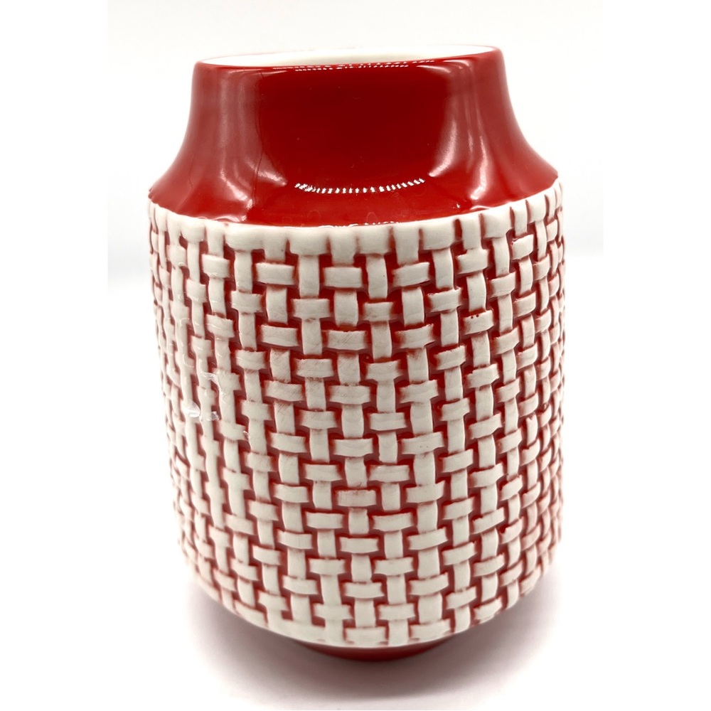 Vase Red White Farmhouse Woven Style FTD Retro 80s Home Deco Ceramic Vintage